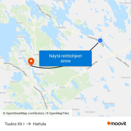 Tuulos Kk I to Hattula map