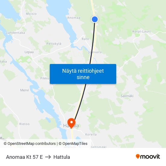 Anomaa Kt 57 E to Hattula map