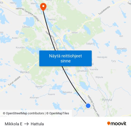 Mikkola E to Hattula map