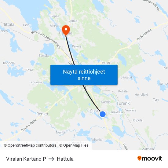 Viralan Kartano P to Hattula map