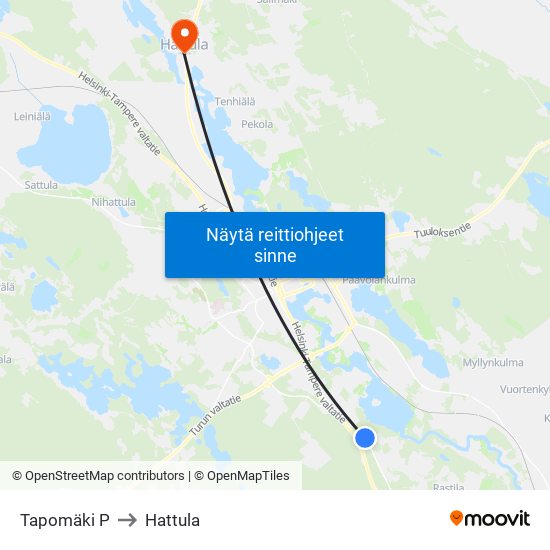 Tapomäki P to Hattula map