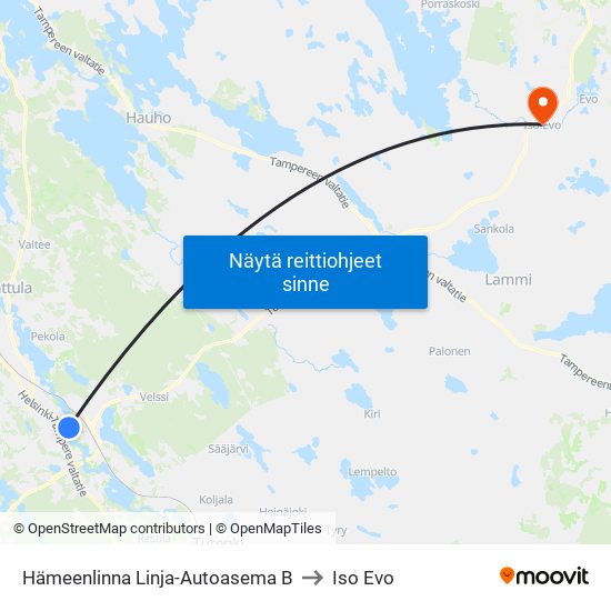 Hämeenlinna Linja-Autoasema B to Iso Evo map