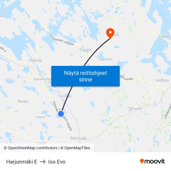 Harjunmäki E to Iso Evo map