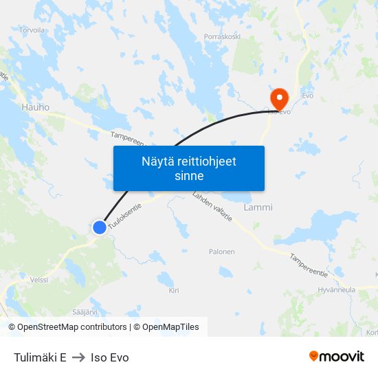 Tulimäki E to Iso Evo map