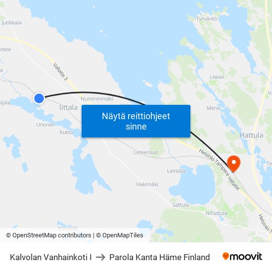 Kalvolan Vanhainkoti I to Parola Kanta Häme Finland map