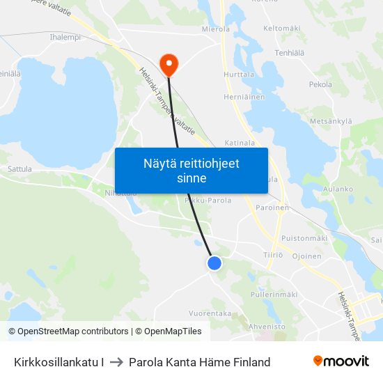 Kirkkosillankatu I to Parola Kanta Häme Finland map