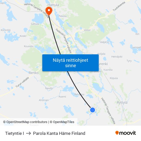 Tietyntie I to Parola Kanta Häme Finland map