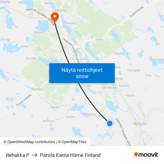 Rehakka P to Parola Kanta Häme Finland map