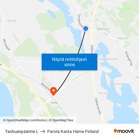 Tanhuanpääntie L to Parola Kanta Häme Finland map