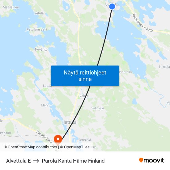 Alvettula E to Parola Kanta Häme Finland map