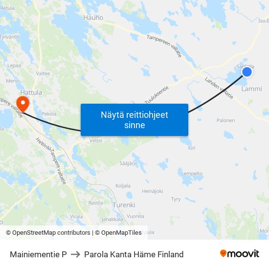 Mainiementie P to Parola Kanta Häme Finland map