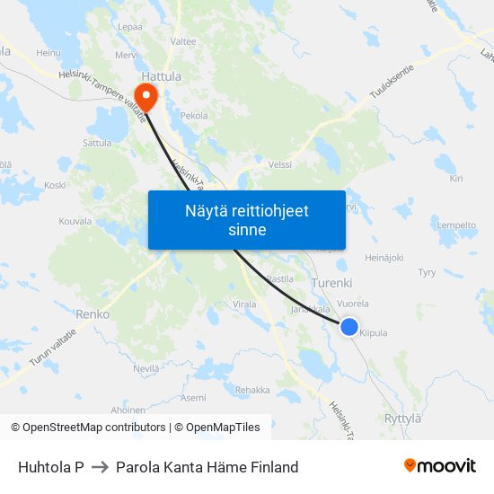 Huhtola P to Parola Kanta Häme Finland map