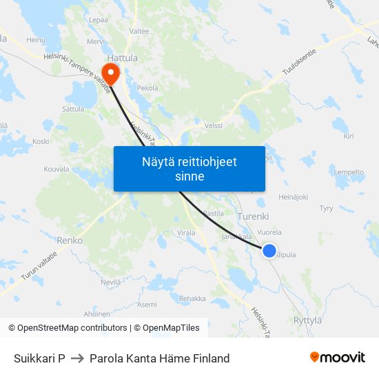 Suikkari P to Parola Kanta Häme Finland map