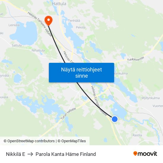 Nikkilä E to Parola Kanta Häme Finland map