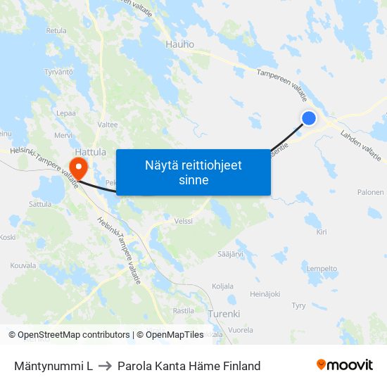 Mäntynummi L to Parola Kanta Häme Finland map