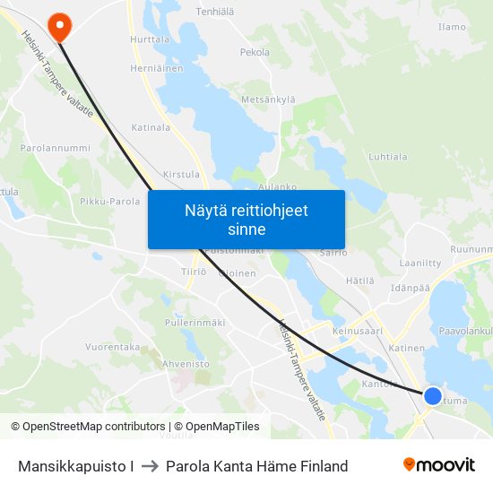 Mansikkapuisto I to Parola Kanta Häme Finland map