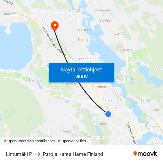 Lintumäki P to Parola Kanta Häme Finland map