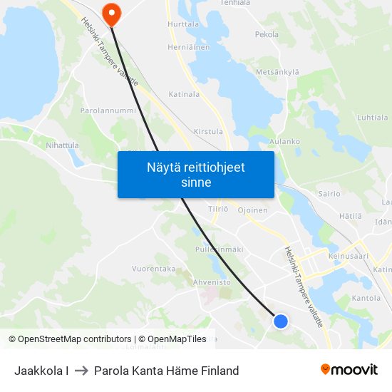 Jaakkola I to Parola Kanta Häme Finland map