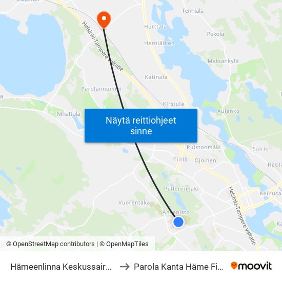 Hämeenlinna Keskussairaala B to Parola Kanta Häme Finland map