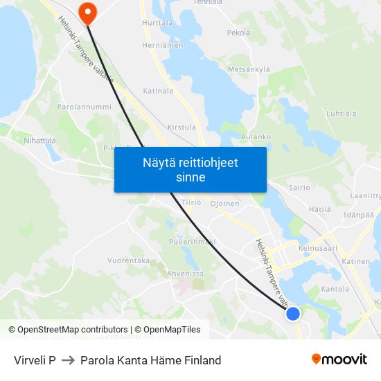 Virveli P to Parola Kanta Häme Finland map