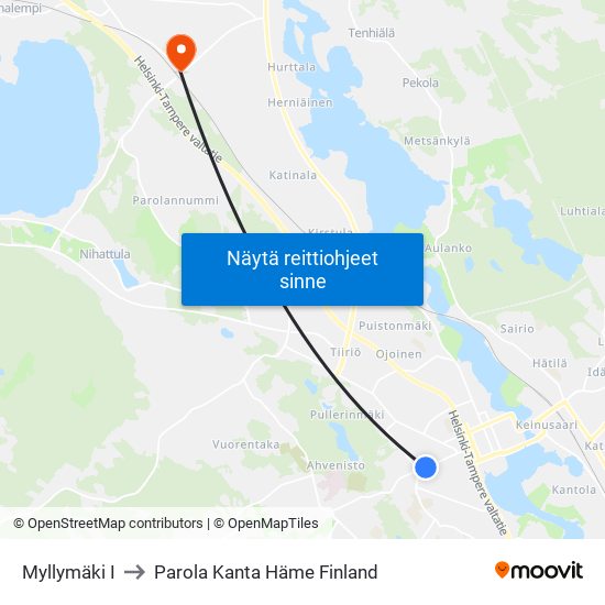 Myllymäki I to Parola Kanta Häme Finland map
