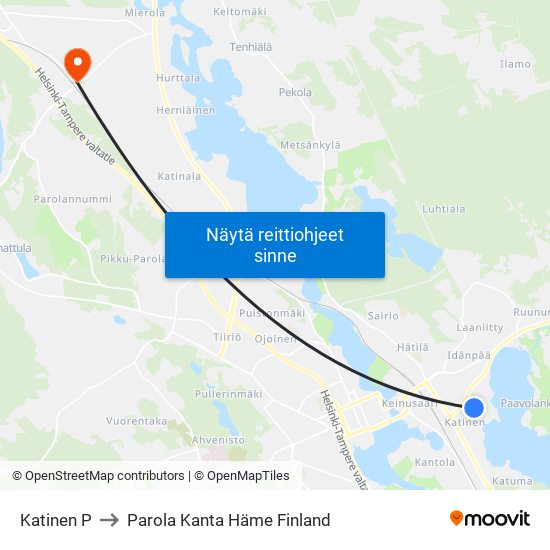 Katinen P to Parola Kanta Häme Finland map