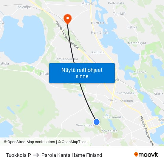 Tuokkola P to Parola Kanta Häme Finland map