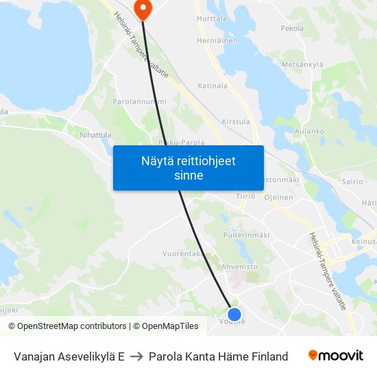 Vanajan Asevelikylä E to Parola Kanta Häme Finland map