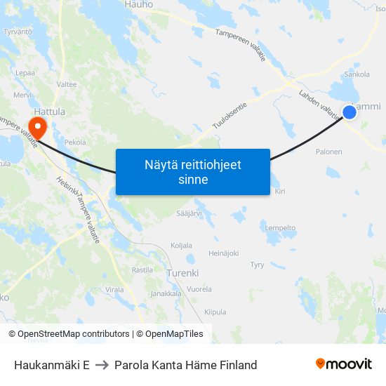 Haukanmäki E to Parola Kanta Häme Finland map