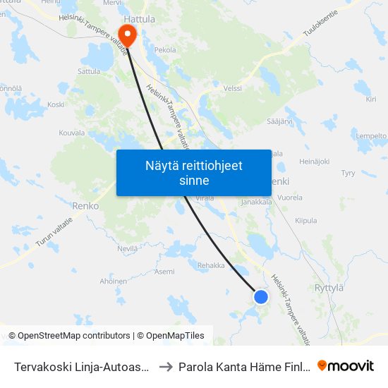 Tervakoski Linja-Autoasema to Parola Kanta Häme Finland map