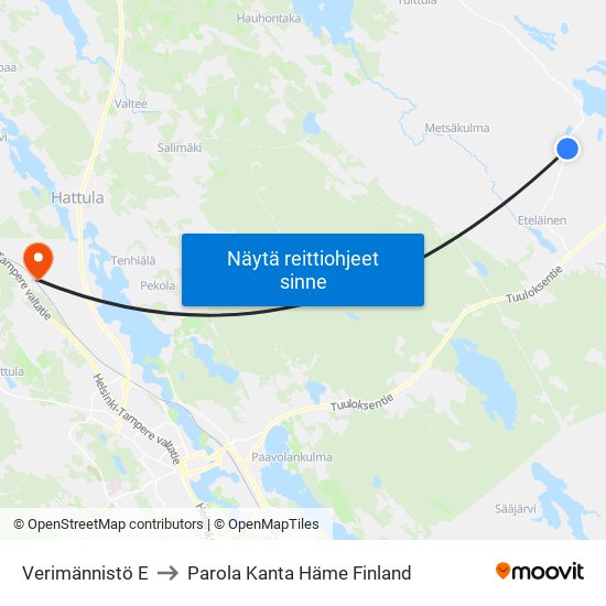 Verimännistö E to Parola Kanta Häme Finland map