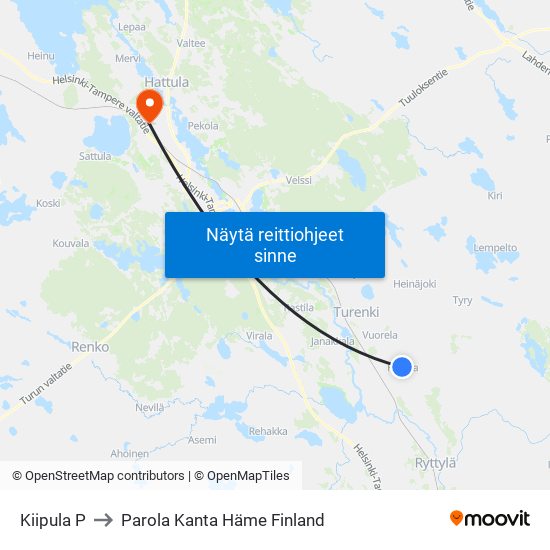 Kiipula P to Parola Kanta Häme Finland map