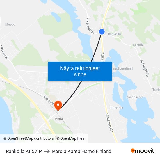 Rahkoila Kt 57 P to Parola Kanta Häme Finland map