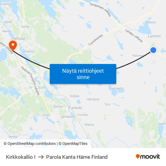 Kirkkokallio I to Parola Kanta Häme Finland map