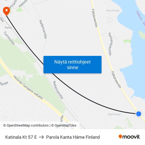 Katinala Kt 57 E to Parola Kanta Häme Finland map