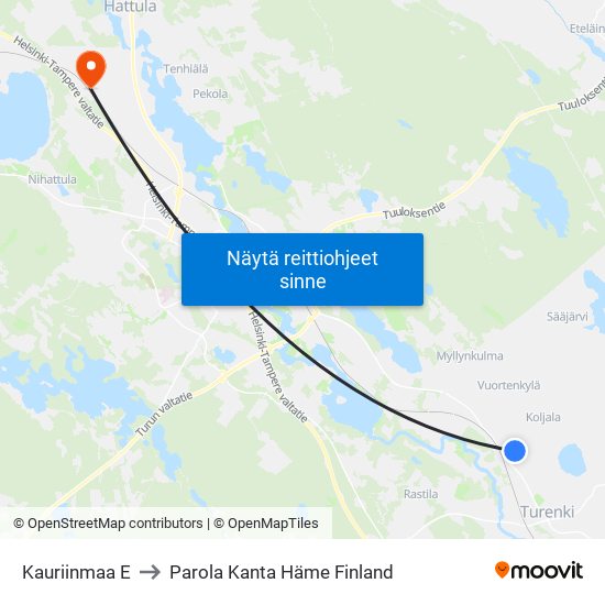Kauriinmaa E to Parola Kanta Häme Finland map