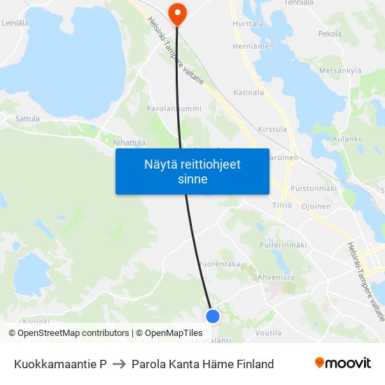 Kuokkamaantie P to Parola Kanta Häme Finland map