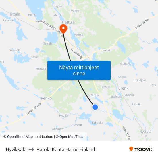 Hyvikkälä to Parola Kanta Häme Finland map