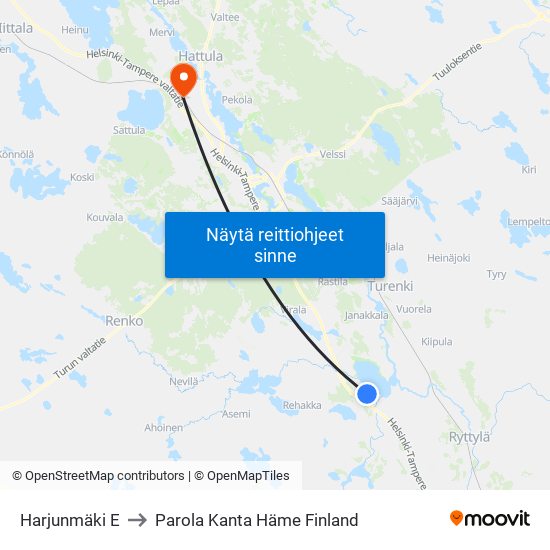 Harjunmäki E to Parola Kanta Häme Finland map