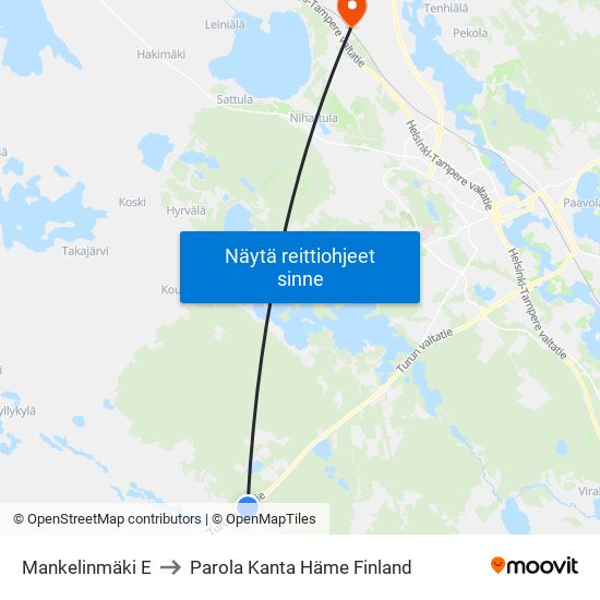 Mankelinmäki E to Parola Kanta Häme Finland map