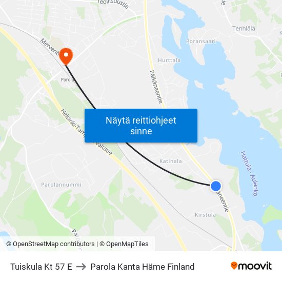 Tuiskula Kt 57 E to Parola Kanta Häme Finland map