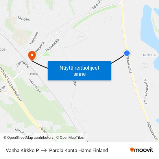 Vanha Kirkko P to Parola Kanta Häme Finland map