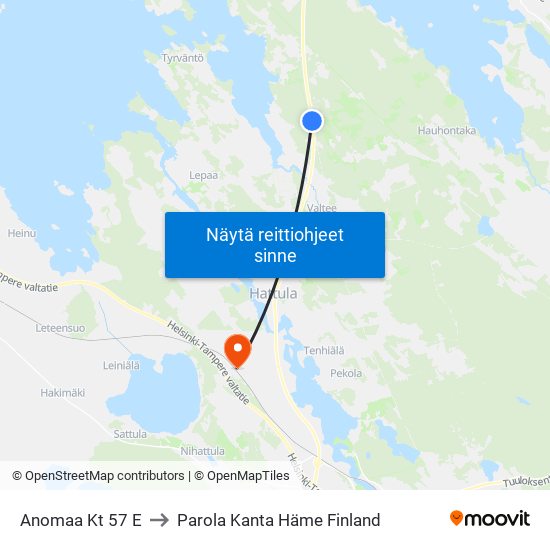 Anomaa Kt 57 E to Parola Kanta Häme Finland map