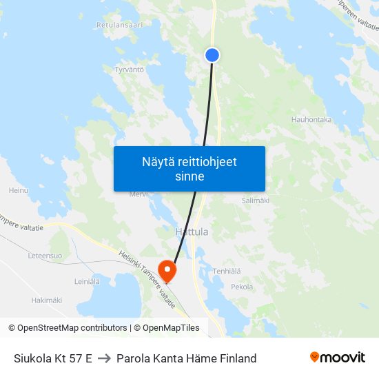 Siukola Kt 57 E to Parola Kanta Häme Finland map
