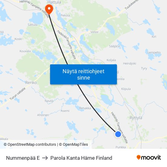 Nummenpää E to Parola Kanta Häme Finland map