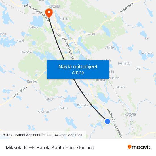 Mikkola E to Parola Kanta Häme Finland map