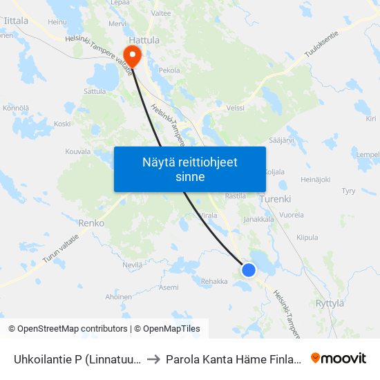 Uhkoilantie P (Linnatuuli) to Parola Kanta Häme Finland map