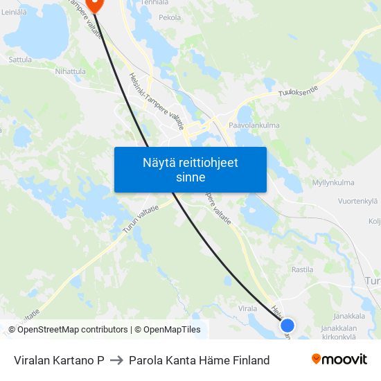 Viralan Kartano P to Parola Kanta Häme Finland map