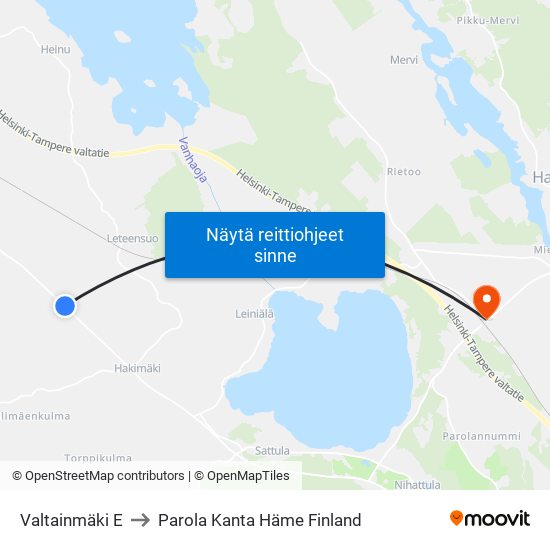 Valtainmäki E to Parola Kanta Häme Finland map