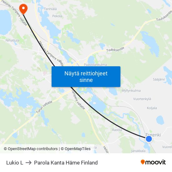 Lukio L to Parola Kanta Häme Finland map
